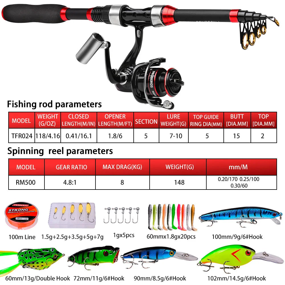 Telescopic Carbon Spinning Rod & Reel Combo Set with Bag