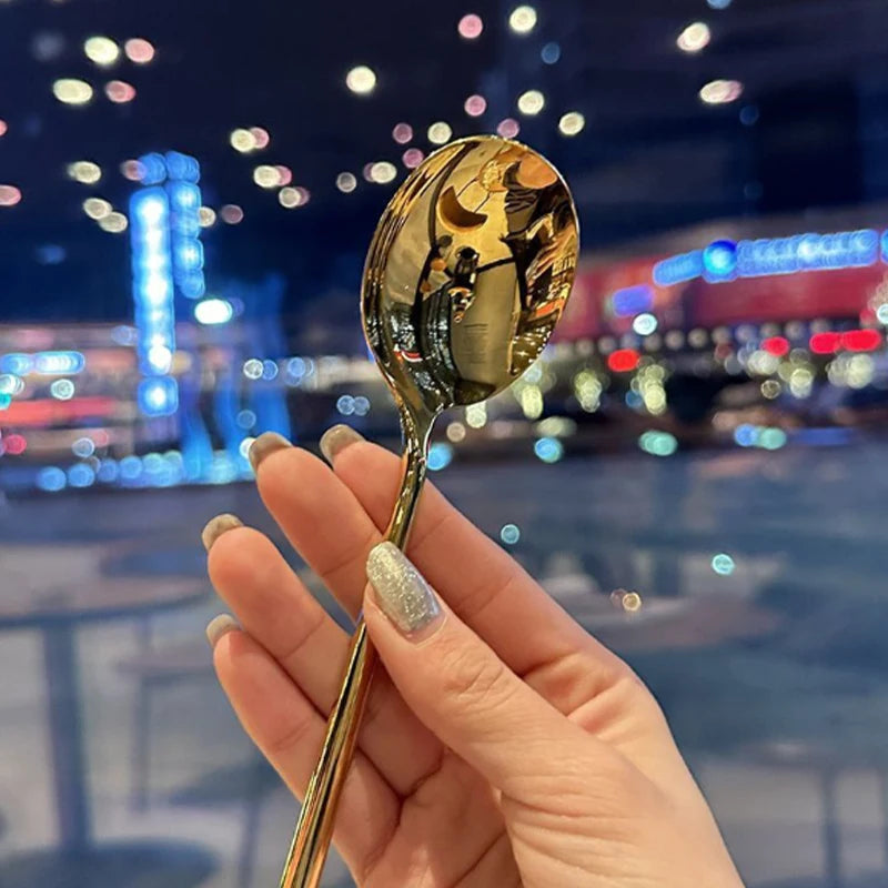 Stainless Steel Big Head Round Spoon Net Red Golden Dinner Long