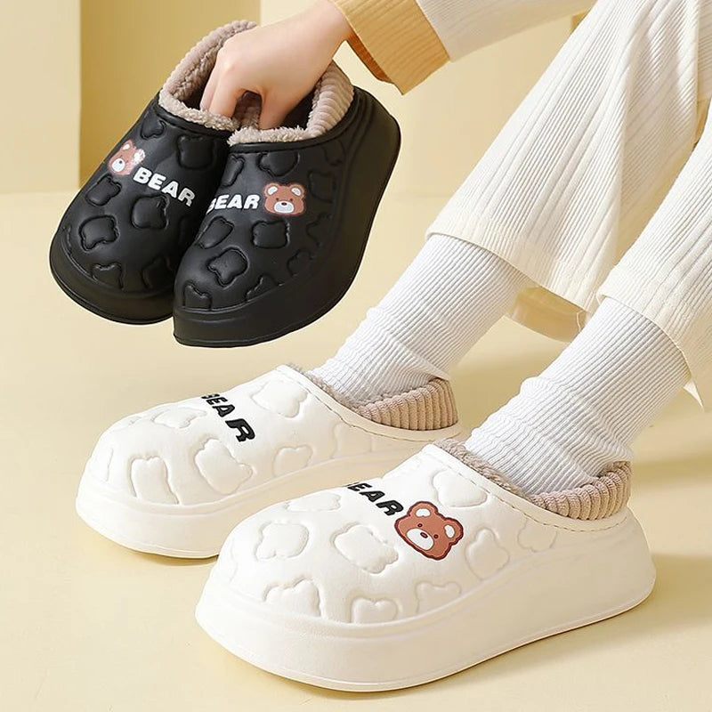 Cute Bear Waterproof Cotton Slippers Women Warm Lightweight Anti Slip