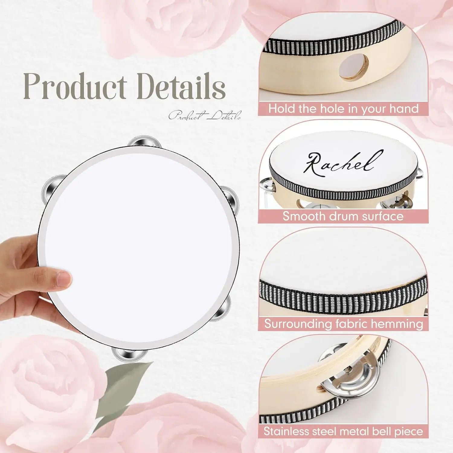 4 7 Tambourine Drum Wooden Hand Held Metal Jingles Percussion Musical
