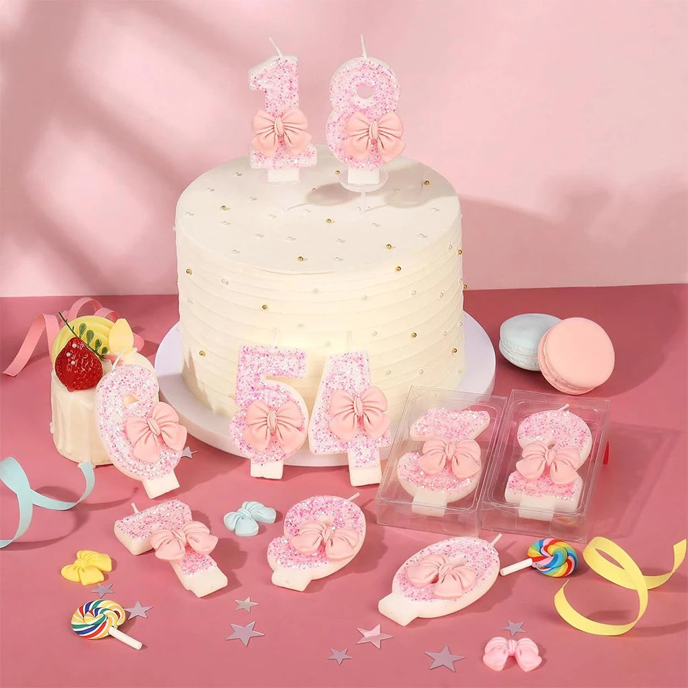 Pink Bow Number Candle Glitter Candle Cake Topper 0-9 for Birthday Anniversary Party Cake Decoration Gifts Zpaxo