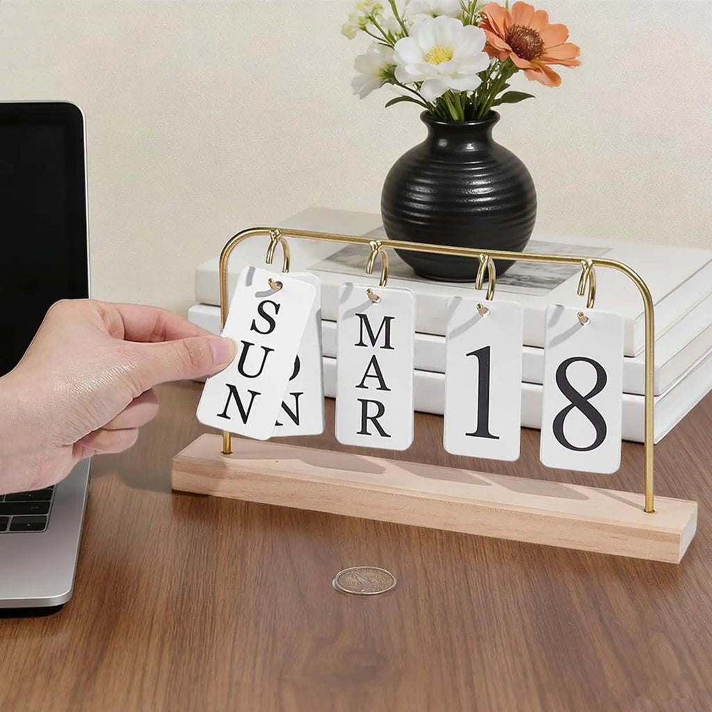 Wooden Perpetual Calendar Modern Metal Standing Base Daily Desk Home