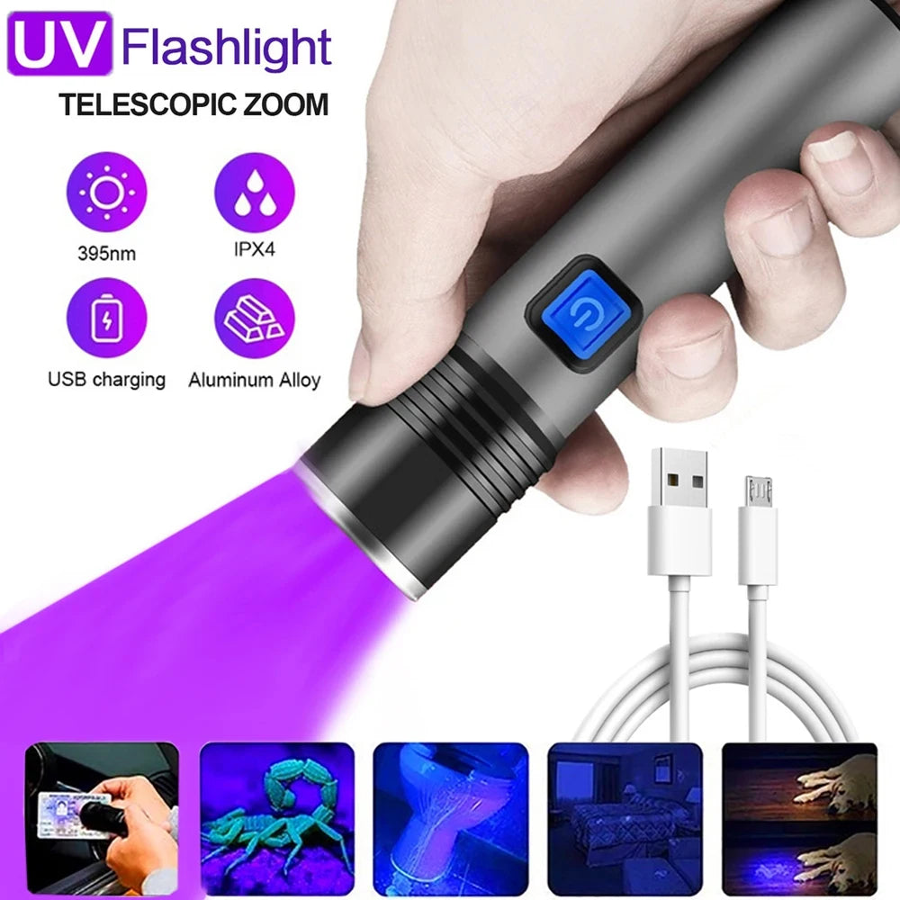KDULIT 395nm UV Flashlight USB Rechargeable Zoomable 3 Modes