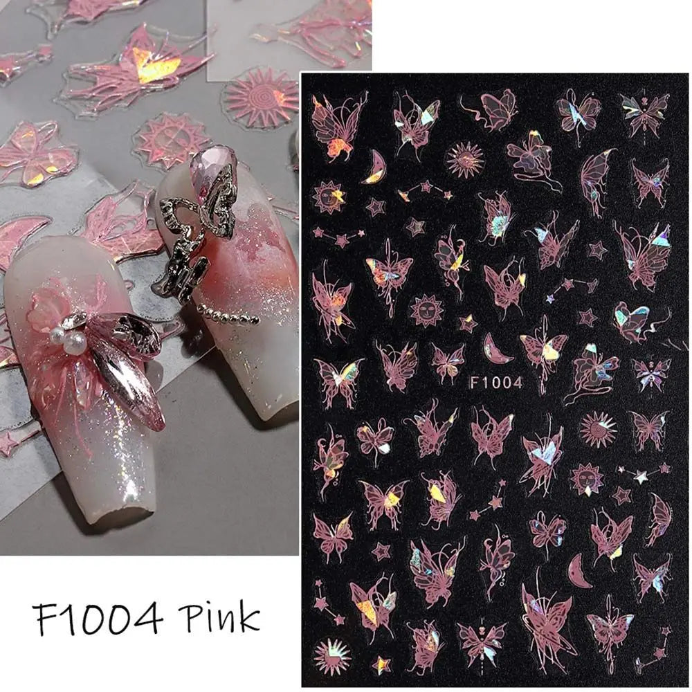 Butterfly Laser Nail Stickers Holographic Glitter Shining Adhesive Slider DIY 3D Nail Art Decal Decoration Zpaxo F1004-Pink