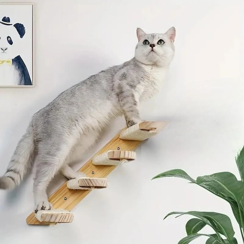 Wall mounted cat climbing ladder with hemp rope wooden cat climbing frame cat climbing wall sticker staircase wall frame Zpaxo