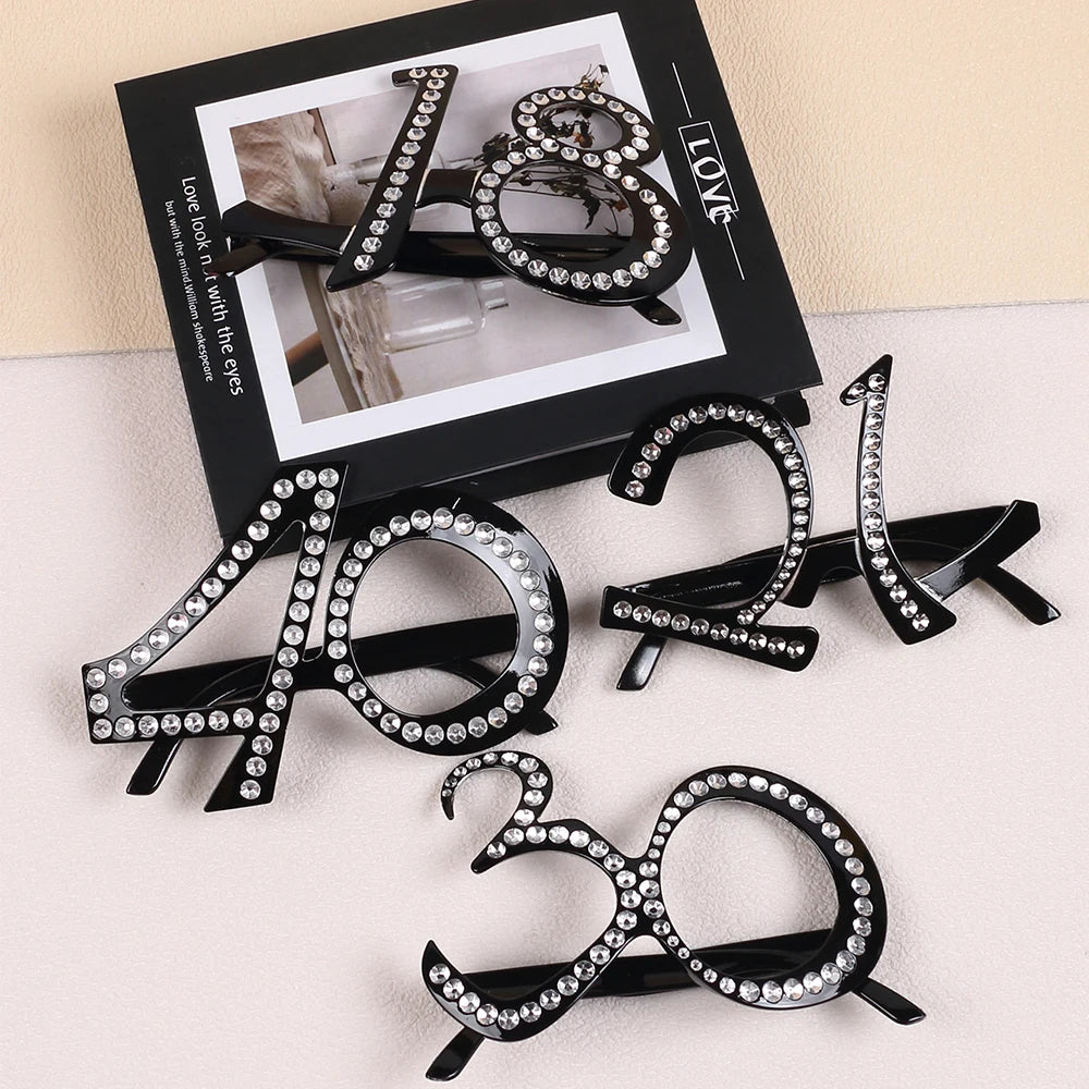 Birthday Rhinestone Number Glasses 18th 21th 30th 40th 50th 60th 80th Birthday Sunglasses Celebration Decoration Party Favors Zpaxo