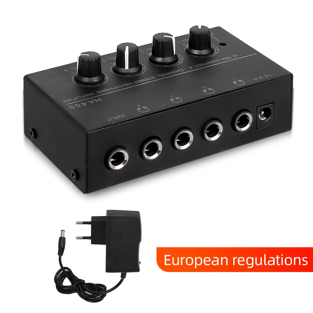 HA400 Mini Amplifier Headphone 4 Channels Ultra-compact Stereo Audio Zpaxo Black EU Plug