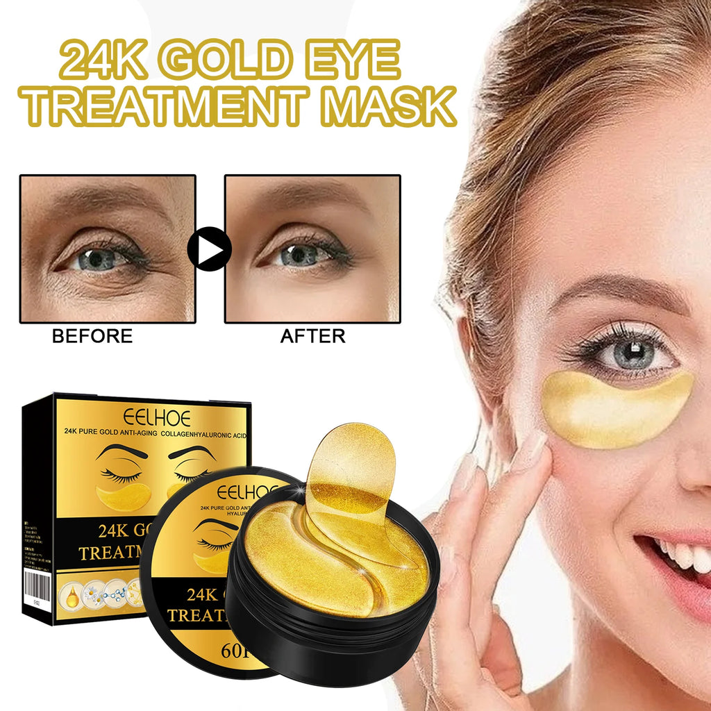 EELHOE 24k Gold Under Eye Patches 60 Pcs Eye Mask Pure Gold Anti-Aging Collagen Hyaluronic Acid Under Eye Mask Zpaxo