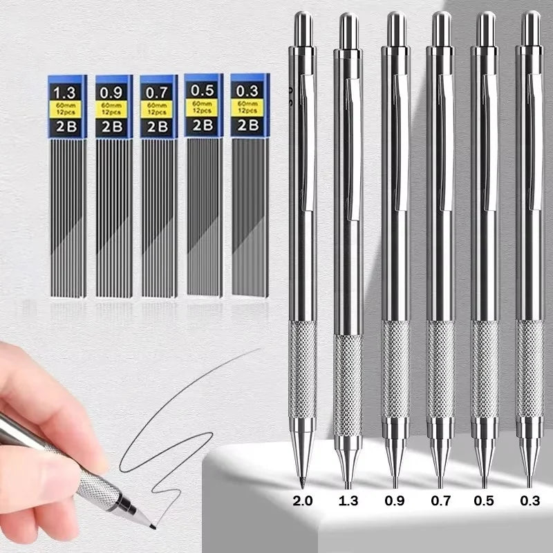 Metal Mechanical Pencil Set 0.3/0.5/0.7/0.9/1.3/2.0mm Drawing Automatic Metal Pencil Set For Office School Writing Art Supplies Zpaxo