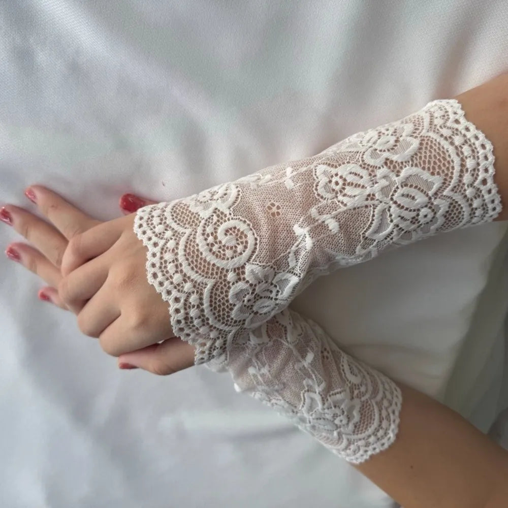 Embroidered Lace Detachable Fake Sleeves Hollow Out Mesh Lace Fake Sleeves Cuff Sun Protection Elastic Wrist Cuffs Cosplay Party Zpaxo