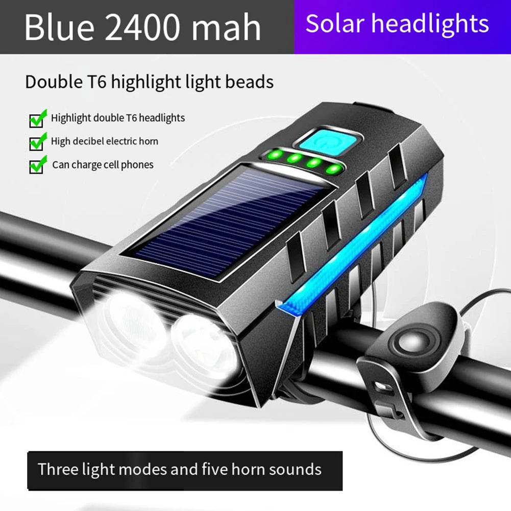 Solar Bike Headlight with 130db Horn MTB Road Bike Front Lamp USB Rechargeable High Beam Bicycle Flashlight Bicycle Accessories Zpaxo Blue
