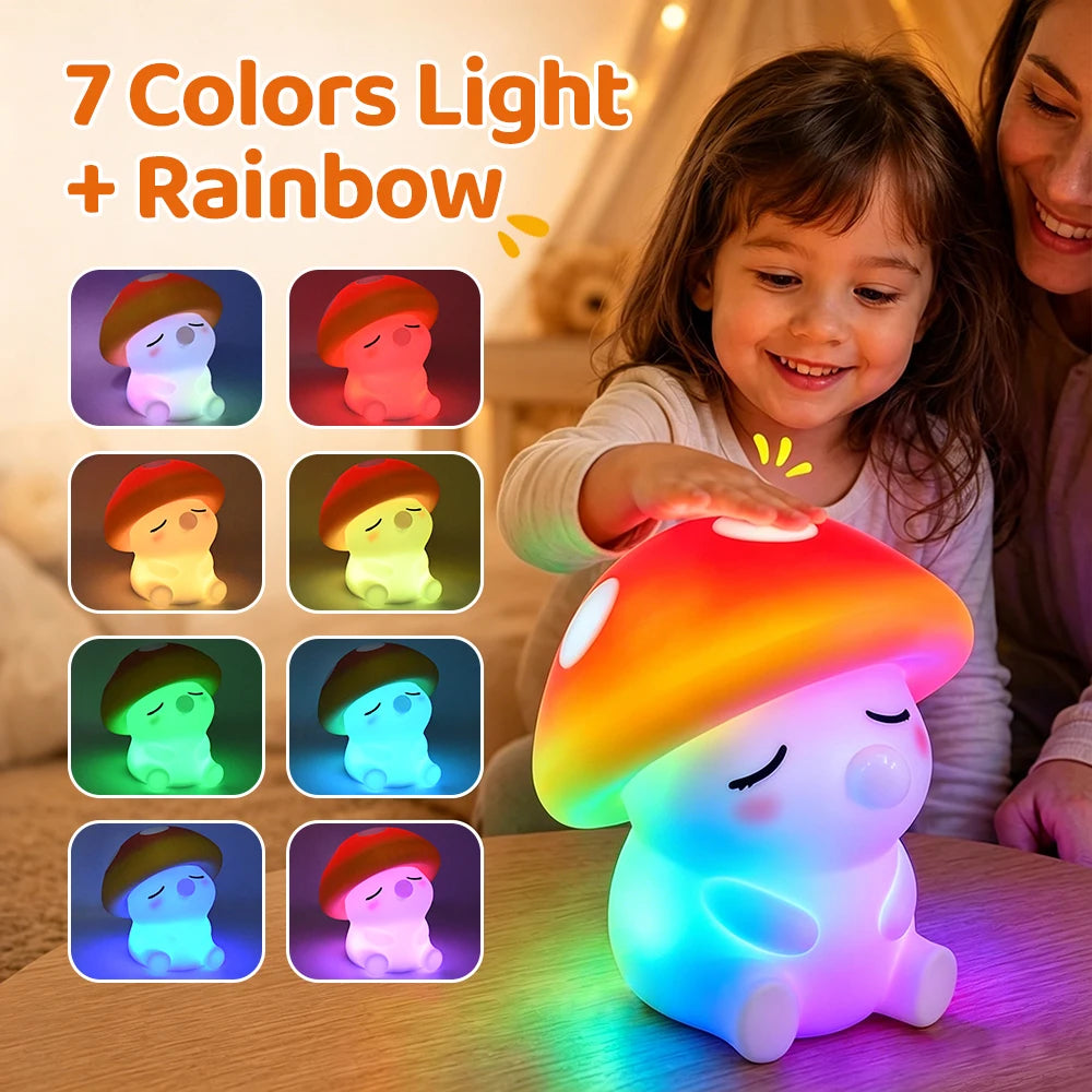 Squishy Mushroom Night Light With RGB Color 2 Brightness Adjustable Nursery Nightlight Rechargeable Silicone Touch Bedside Lamp Zpaxo