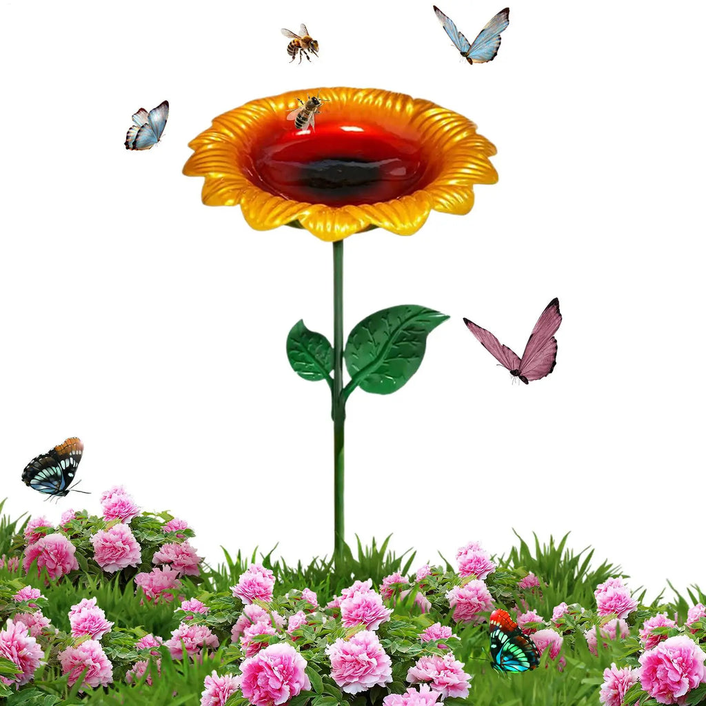 Bird Bath Stake Metal Garden Decor Feeding Bowl Hummingbird Finch