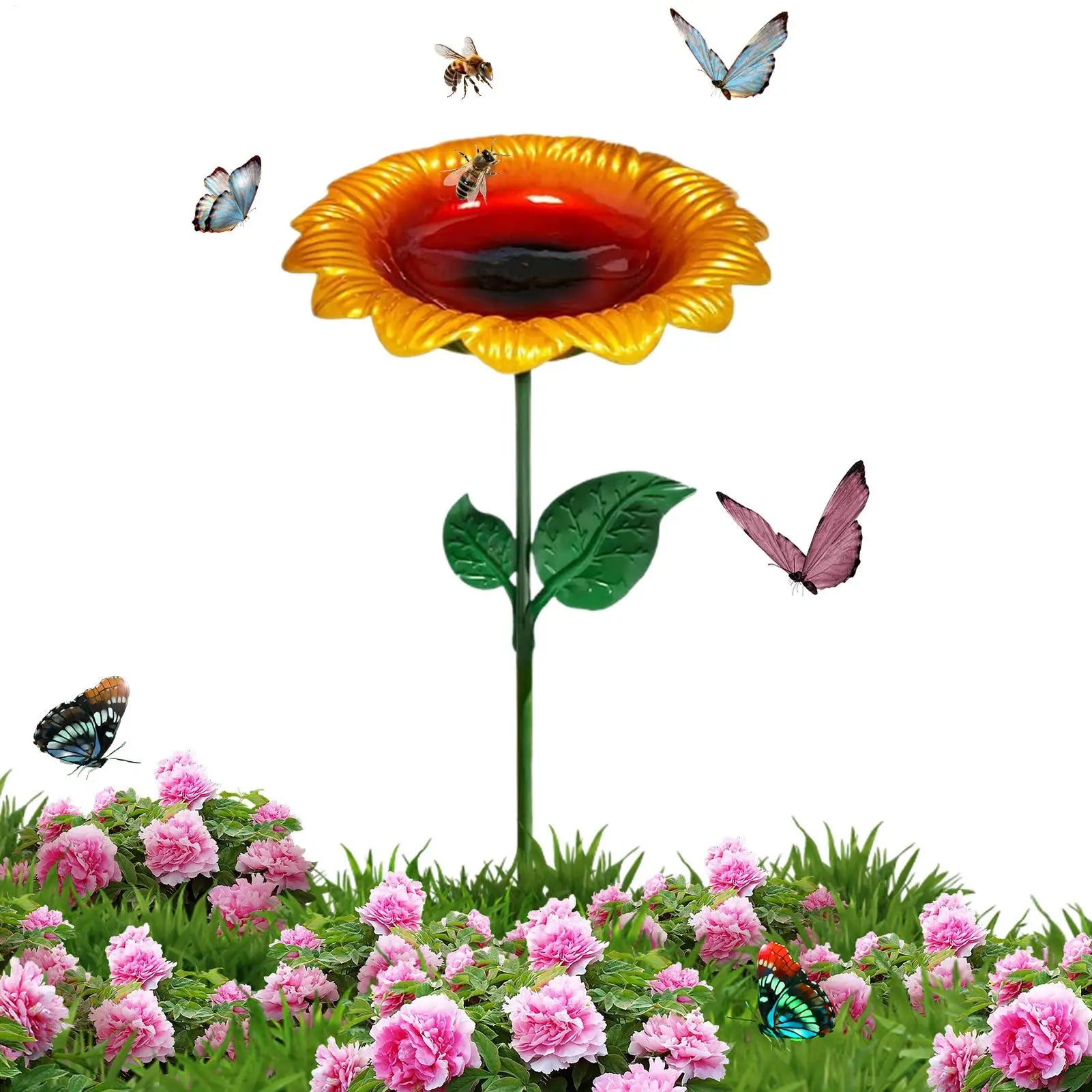 Bird Bath Stake Metal Garden Decor Feeding Bowl Hummingbird Finch