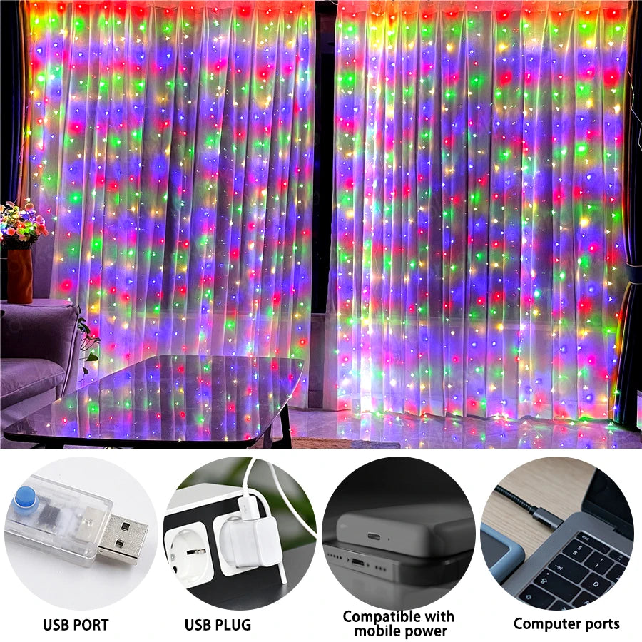 300 LED Curtain Garland on The Window USB String Lights Fairy Festoon Remote Control Christmas Wedding Decorations for Home Room Zpaxo 300LED RGB 3M