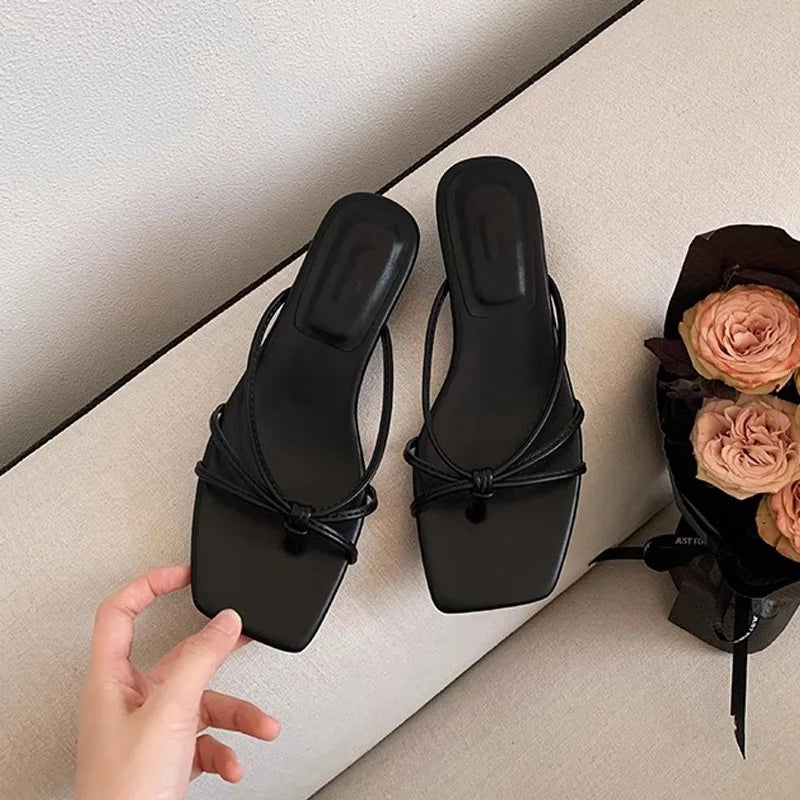 Slippers for Women's Summer New French Square Toe Slim Fit Lace Up Hollowed Out Clip on Thick Heel Outdoor Flat Sandals Women's Zpaxo black(3cm) 35