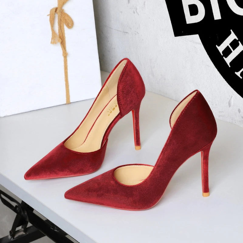 Womens Burgundy Velvet Pointed Toe Stiletto Heel Pumps Cut Out Heels Zpaxo