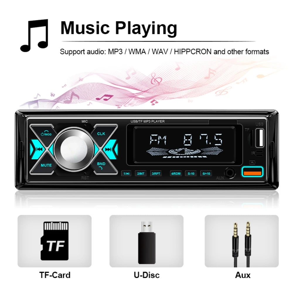 HIPPCRON Car MP3 Radio 1 Din Digital Player 7 Colorful Lights Stereos