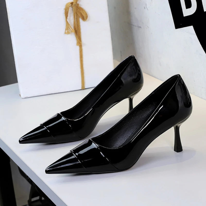 Nude Patent Leather Pointed Toe Kitten Heel Pumps Overlay Strap Zpaxo
