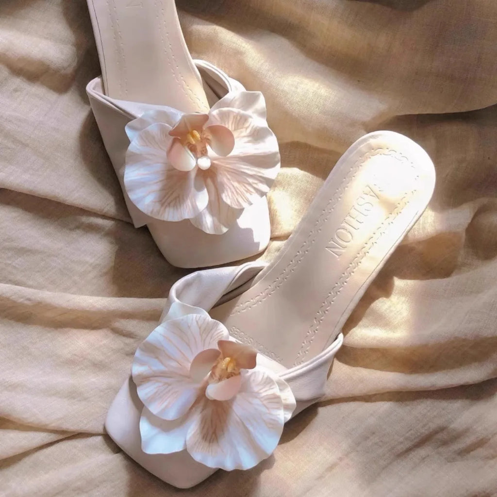 Slippers Women Women's High Heels Slippers Flower 2025 Summer New Style Slim Heel Sandals Women's Ladies Shoes Zapatos Zpaxo