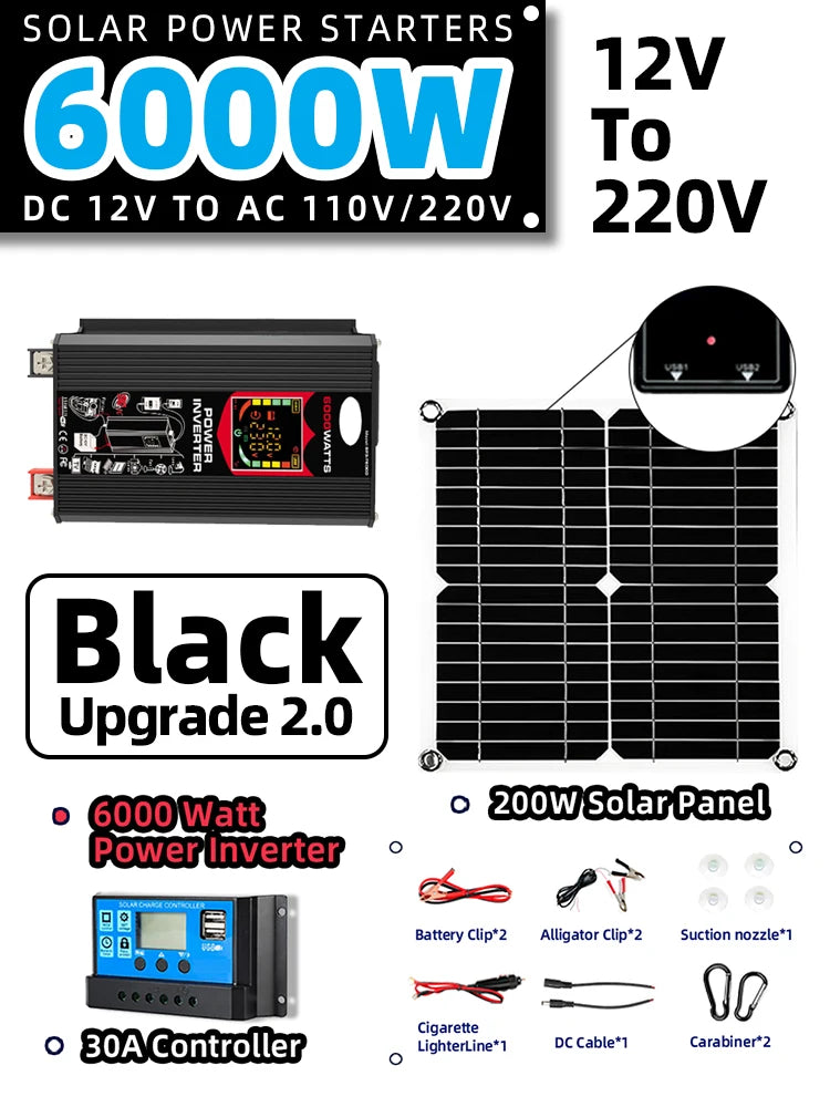 Off Grid Solar System for Home 6000W 220v Inverter 30A Controller 5V Solar Panel Full Set for House Camping For Car RV Zpaxo 220V 6000W