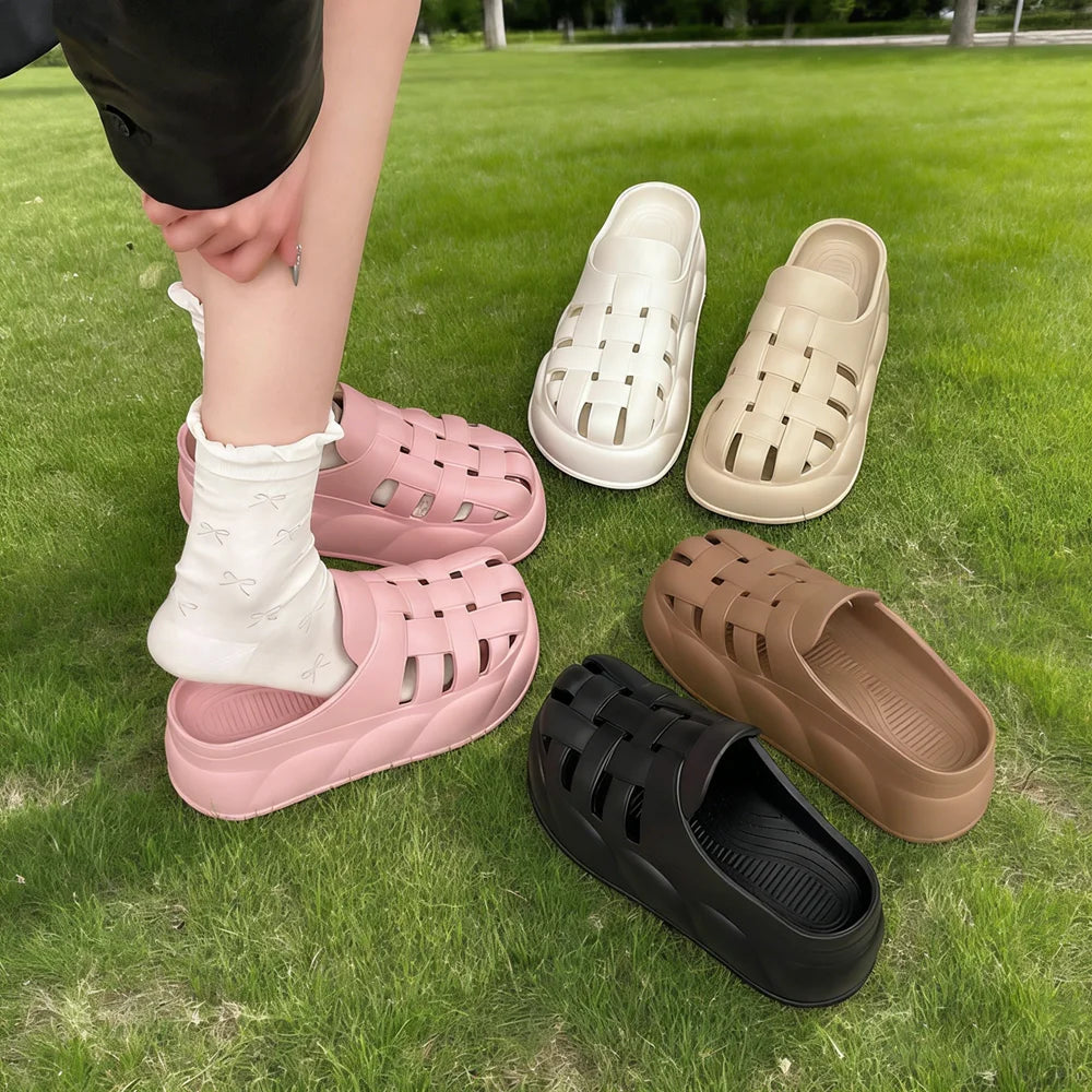 SHAJI Women Cloud Woven Sandals Closed Toe Hollow Thick Sole Slides