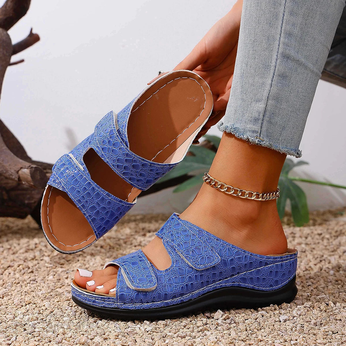 Women Slippers Fashion Summer Thick Soled Slippers Open-Toe Comfortable Shoes Ladies Mid Heels Beach Sandals Wedge Slides Women Zpaxo Blue 37