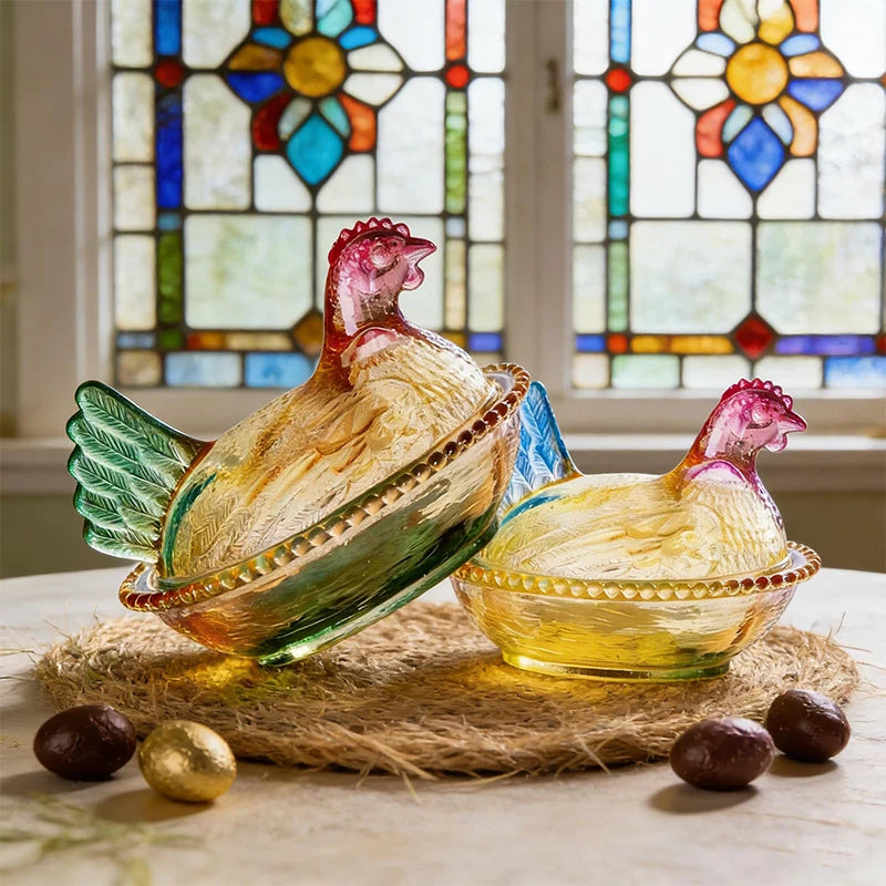 Hen-on-Nest Glass Candy Dish with Lid | Retro Chicken Bowl