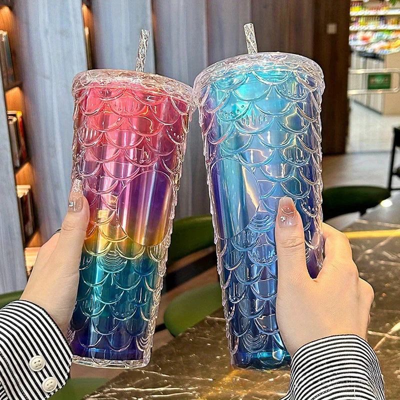 Large Capacity Colorful Laser Double-layer Straw Cup, Fish Scale Plastic Water Cup, Durian Cup Zpaxo