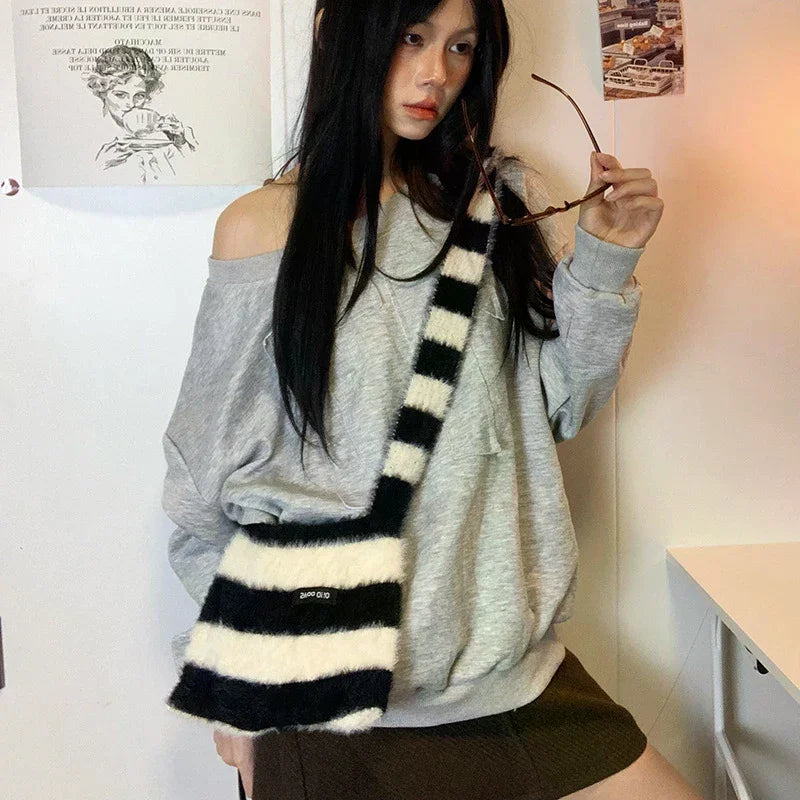 Y2k Subculture Girl Sweet Cool Hat Star Striped Plush Knitted Zpaxo