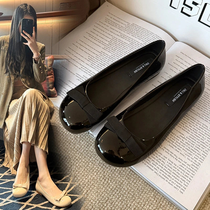 Womens Black Patent Leather Round Toe Wedge Heel Ballet Flats Bow Zpaxo