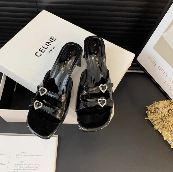 Women's Slippers 2024 New Summer Square Toe Rhinestone Buckle High Heels Casual Sexy Slim Heels Women's Cool Slippers Women's Zpaxo black 35