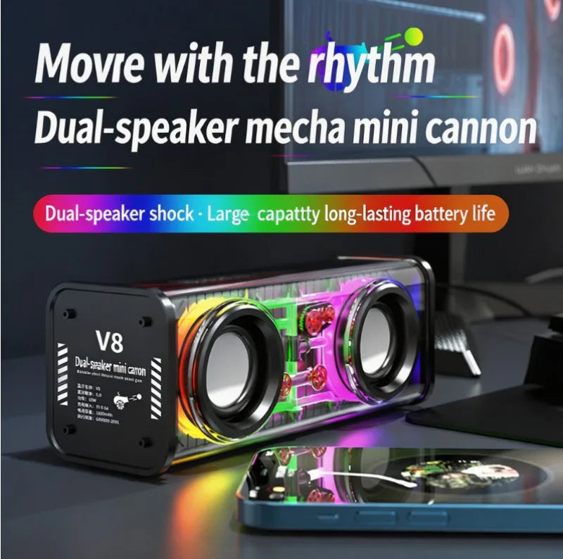 V8 Transparent Mecha Speakers Bluetooth 5.0 Wireless Double Bass Diaphragm Subwoofer Music TWS RGB Light Mini Party Loudspeaker Zpaxo