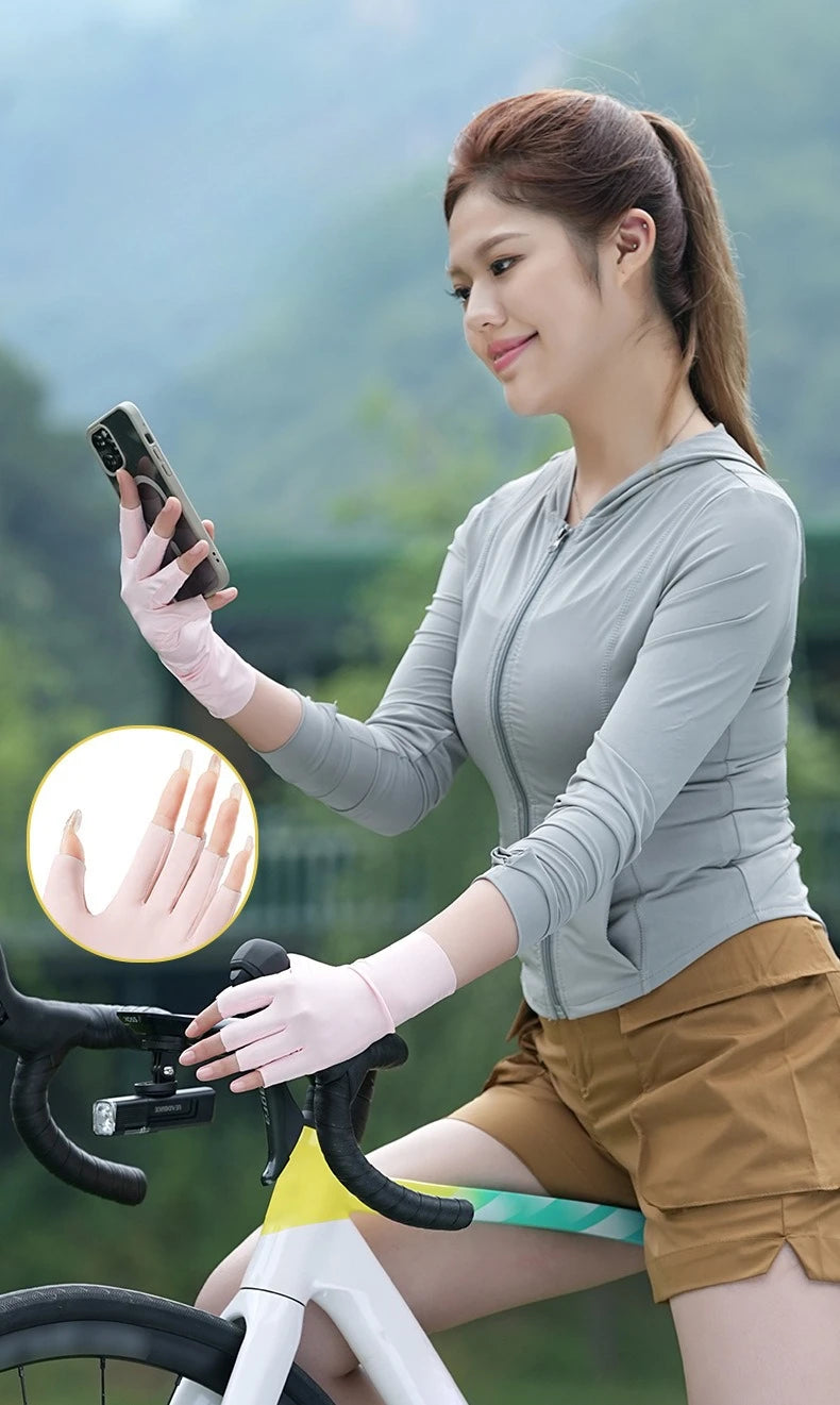 Summer sun protection gloves for women UV resistant thin nail art outdoor cycling breathable ice silk sun protection gloves Zpaxo