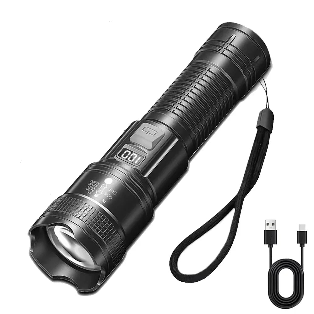 Rechargeable LED Flashlight Zoomable Torch with LCD Display 3 Modes Waterproof High Power Hand Light Outdoor Wilderness Camping Zpaxo built-in battery 1Pc ZOOM