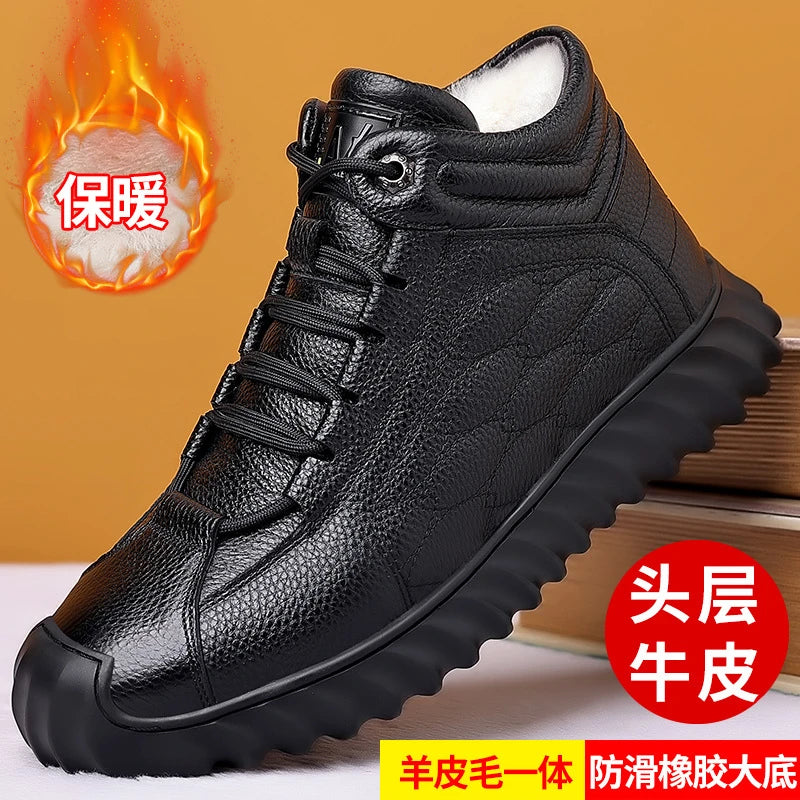 Mens Black Leather Fur Lined Sneakers Elastic Lace Warm Winter Shoes Zpaxo