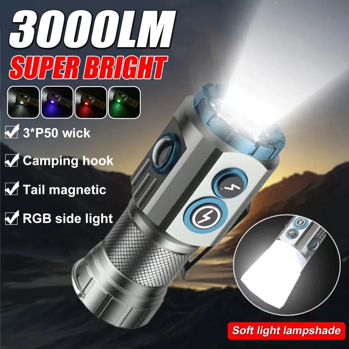 2000LM Compact LED Flashlight – Clip Cap, USB-C, 5 Modes
