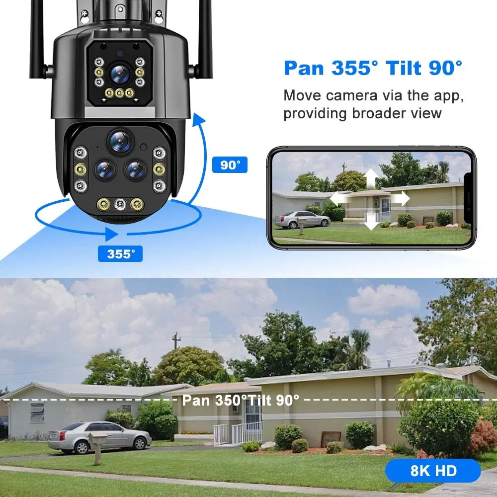 10K 20MP WiFi IP Camera 20X Zoom Four Lens Three Screen PTZ Cameras Outdoor 16MP 8K Video Surveillance Cam CCTV Security Camera Zpaxo