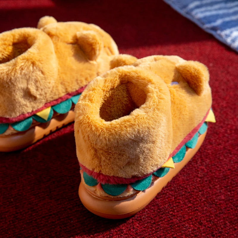 Women Cute Cartoon Hamburger Slippers Winter Warm Soft Plush Fluffy