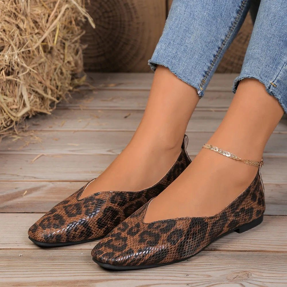 Big 35-43Snake Pattern Leather Woman Square Toe Shallow Ballet Flats