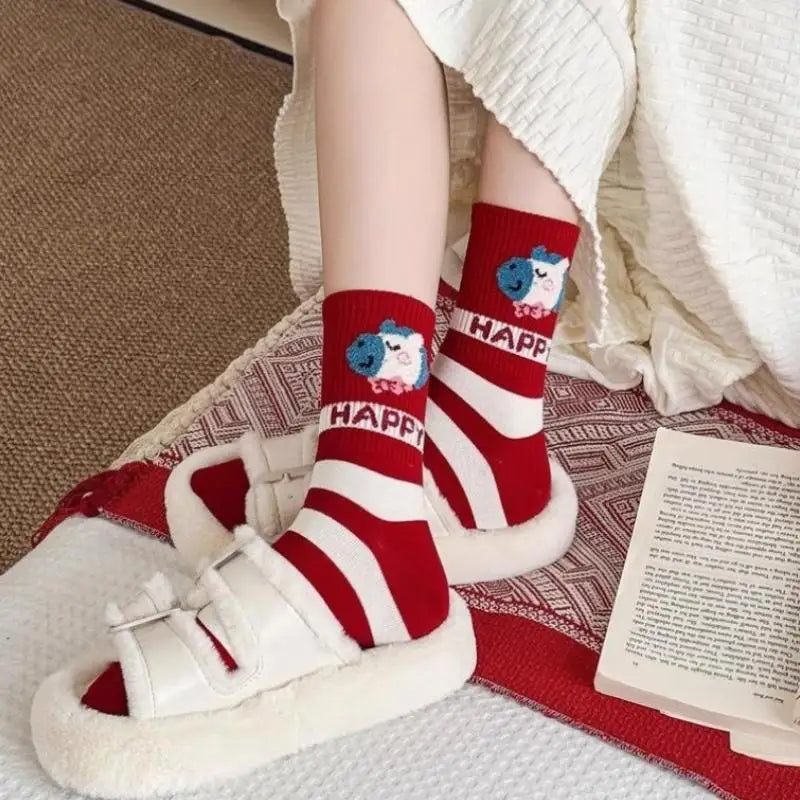 Cute Cartoon Zodiac Year Horse Autumn Winter Warm Mid-tube Socks Red Zpaxo Random-1pair
