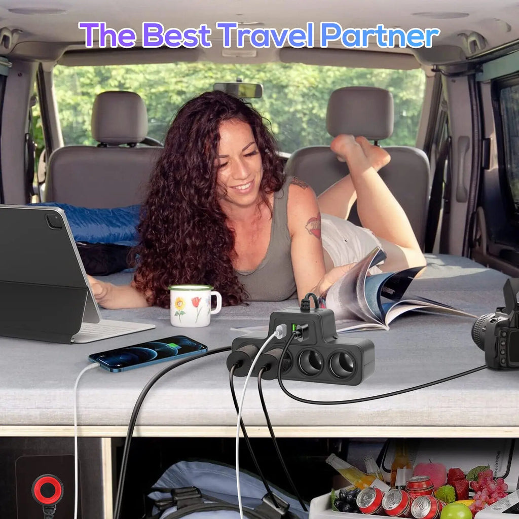 120W 1 Car Charger Adapter PD 4 Socket Cigarette Lighter Splitter