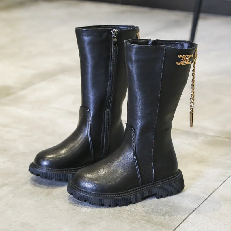 Winter Girl's Long Boots Black Pu Leather Platform Plush Trendy Zpaxo
