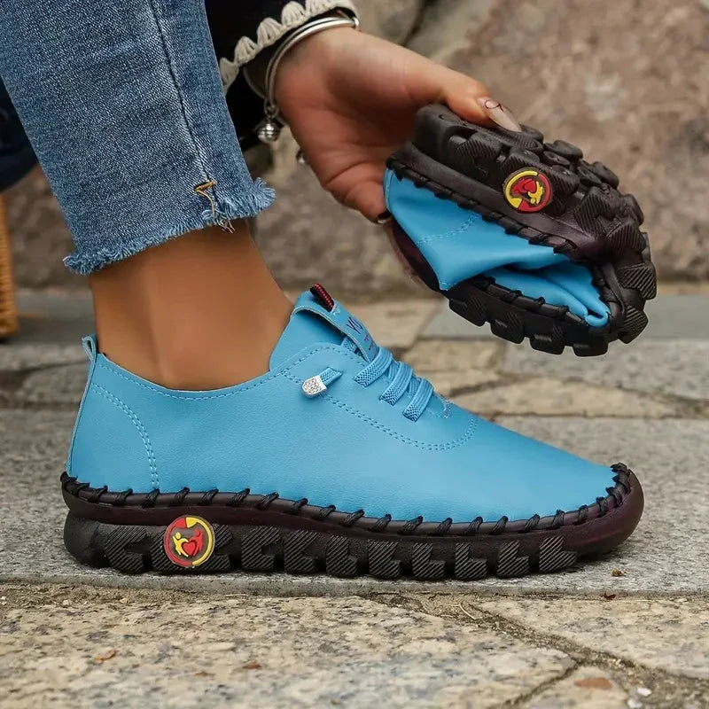 New Women Sneakers Comfortable Soft Leather Loafers Shoes for Women Hand Sewing Thread Mom Shoes Fashion Outdoor Sneakers Women Zpaxo SKY BLUE 36