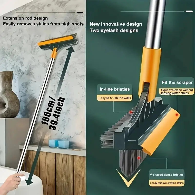 Adjustable long handle bathroom brush with inclined bristles and glass scrubber-suitable for toilets, showers hotels. Zpaxo