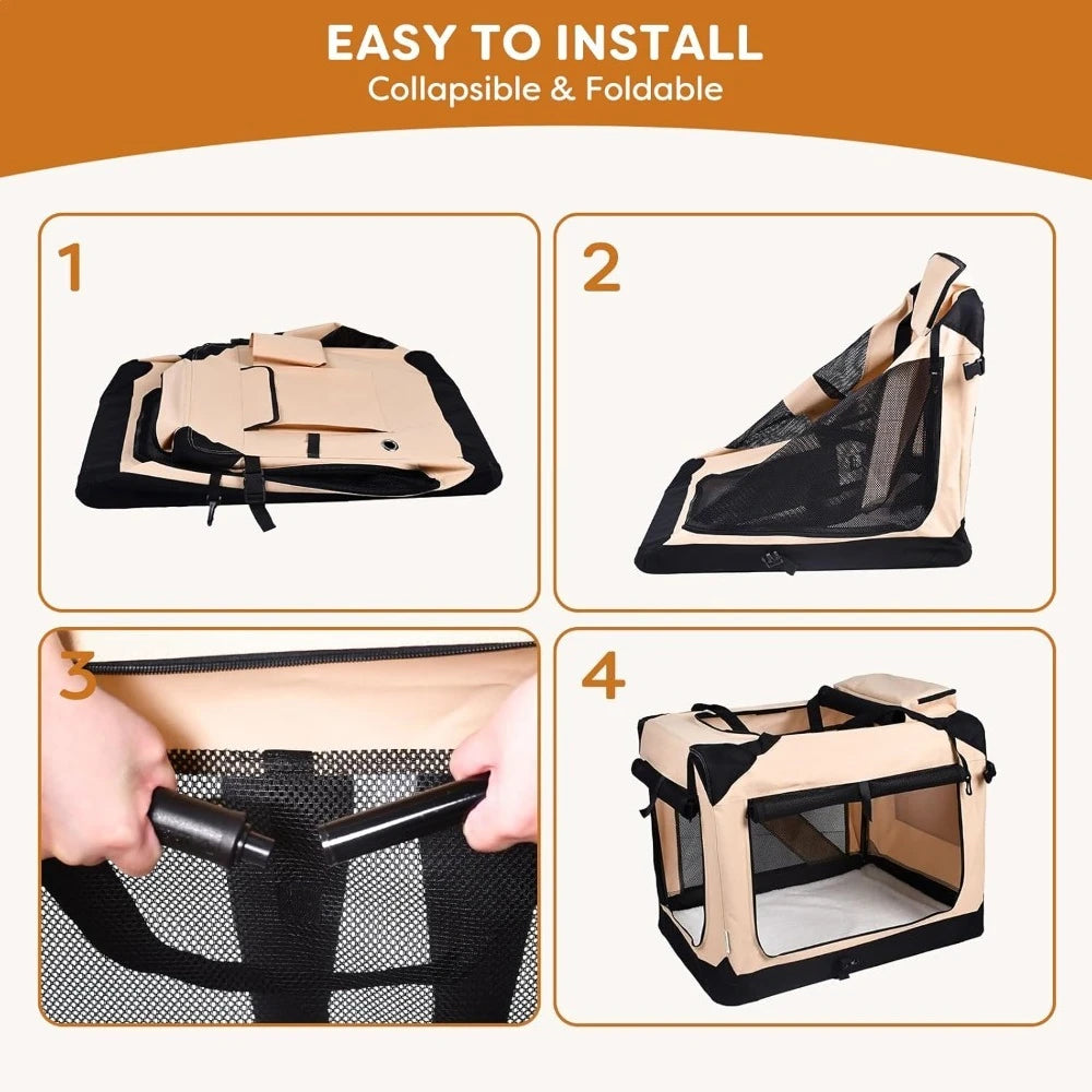 Foldable 3-Door Soft Dog Crate | Travel Pet Carrier with Mat
