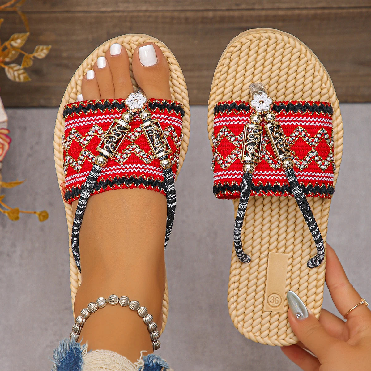 Women Slippers Open Toe Casual Shoes Summer Round Thick Soled Zpaxo Red 39