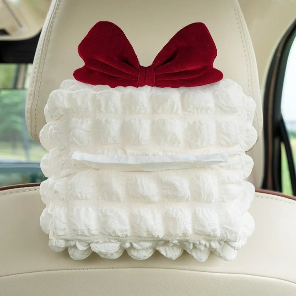 Puff Grid Flower Car Tissue Box Bow Soft Hanging Napkin Holder Zpaxo