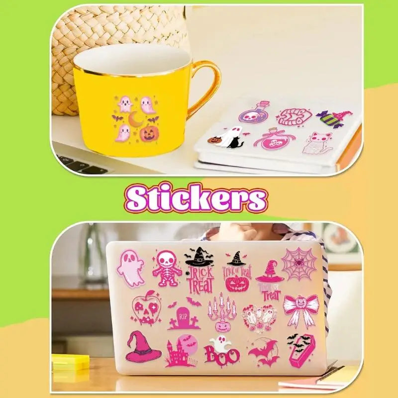 652F 50Piece Removable Cartoon Halloweens Stickers Pink Transparents Pet Material Multiple Device Compatible Diy Craft Supplies Zpaxo