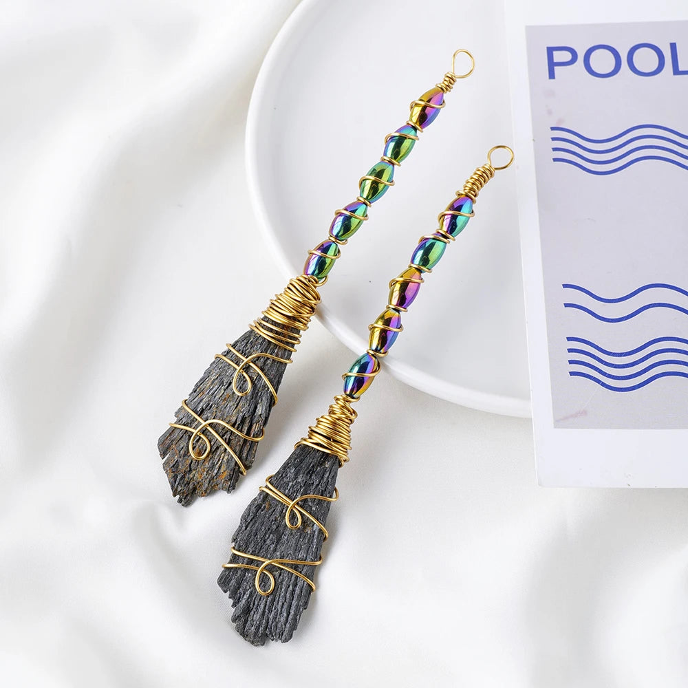 Natural Crystal Broom Black Tourmaline Aura Blaze Blue Feather Shape DIY Sweeper Witchcraft Ornaments Zpaxo